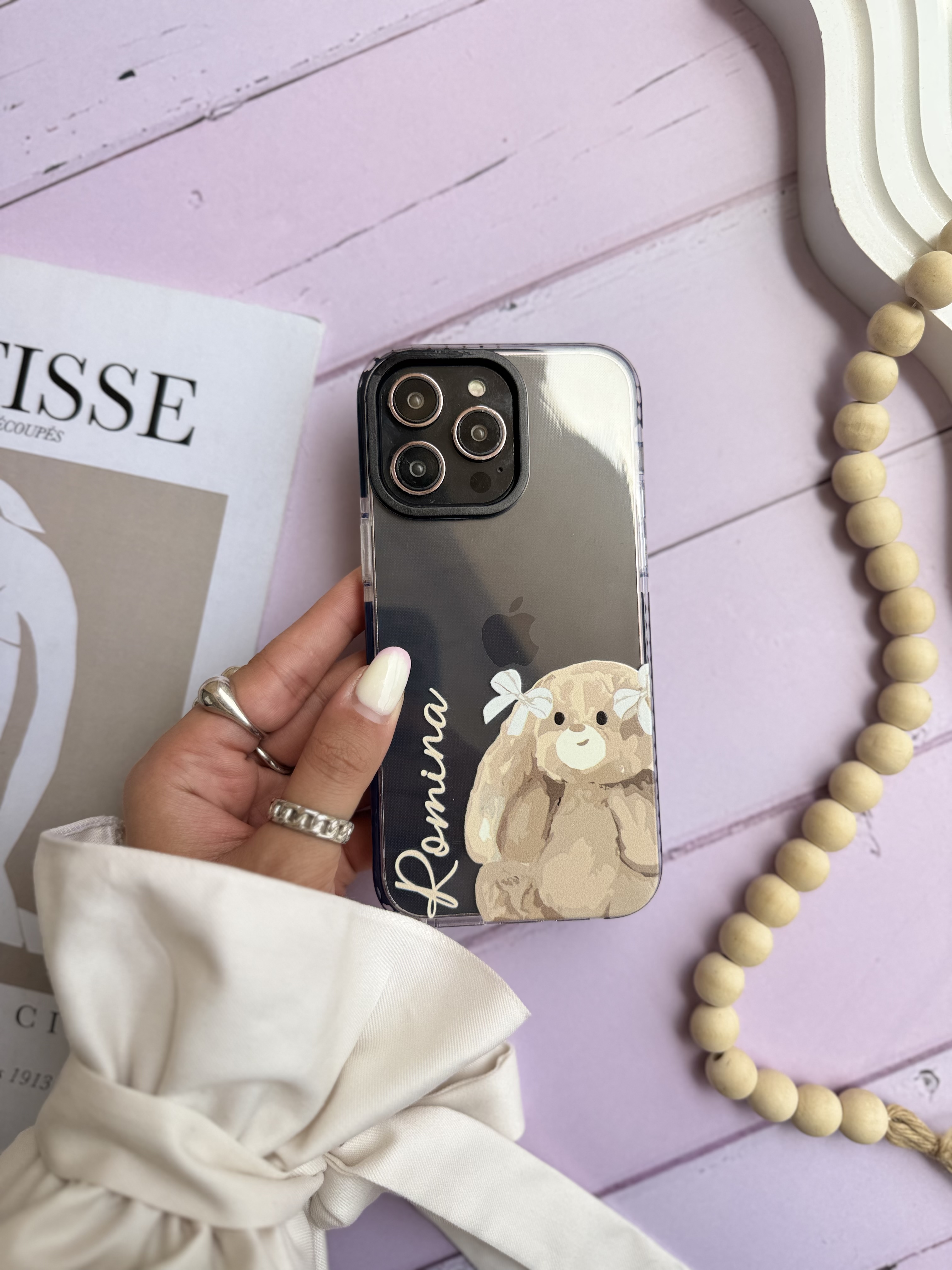 قاب گوشی سفارشی شفاف اسم دلخواه خرگوش آیفون,سامسونگ و شیائومی