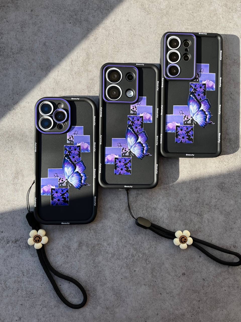 قاب گوشی پروانه بنفش با آویز آیفون,سامسونگ و شیائومی